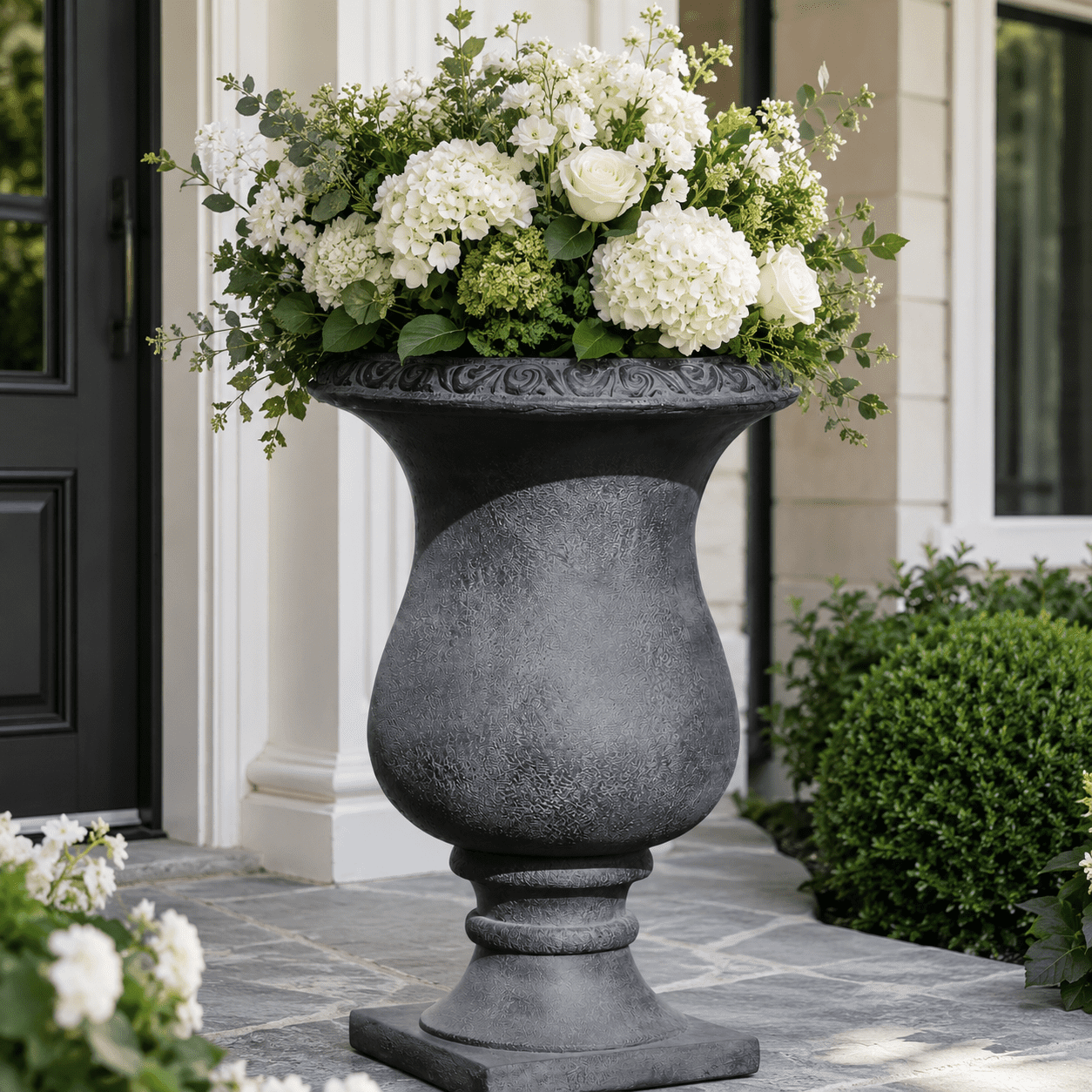 Aukfa Large MGO Garden Urn Planter, Outdoor Tall Decorative Stone-Look Flower Pot with Drainage Hole & Weather-Resistant, Black