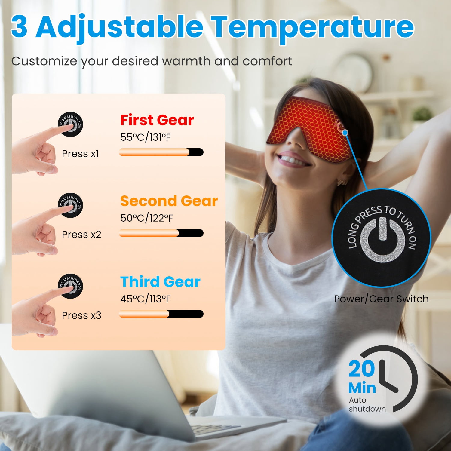 Cordless Heated Eye Mask for Dry Eyes, Silk Sleep Eye Compress Mask with 3 Temperature (131°F/122°F/113°F) 20Mins Auto Off Washable for Relax Eye Strain, Grey