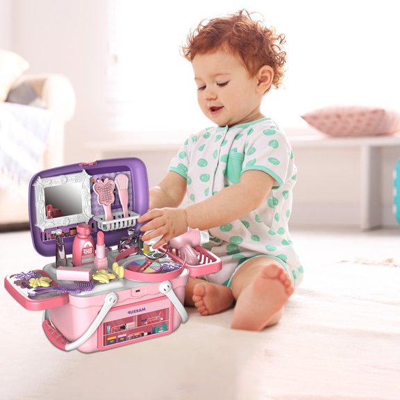 ​15  Piece Pretend Play Center - 4-in-1 Kids Activity Stations w/ Storage ,Kitchen/Medical/Beauty/Toolbox Toys Ages 4  Pink