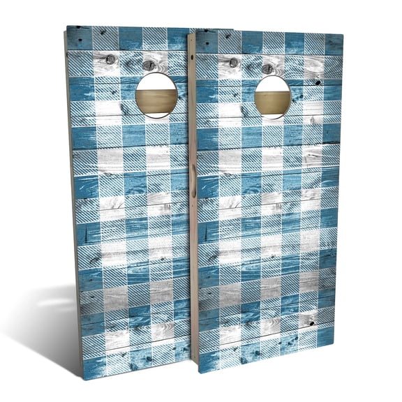 Skip's Garage | Blue Checkered Cornhole Board Set | Includes (2) Boards, (8) Bags & Optional Accessories