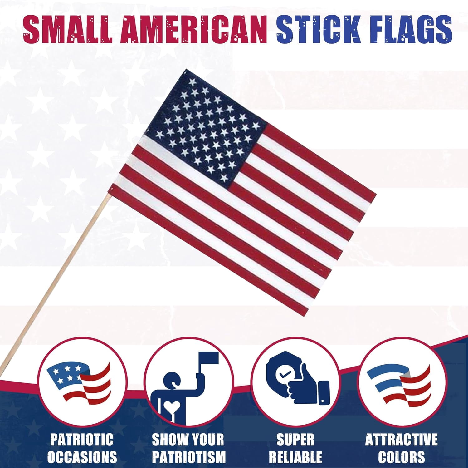 Super Tough Small American Stick Flags 8’’x12’’ | Cotton Outdoor Flag on 24’’ Wooden Stick | Hand Held Flags Patriotic Decor for Various Holiday Parties and National Flag Day | 12 Pack