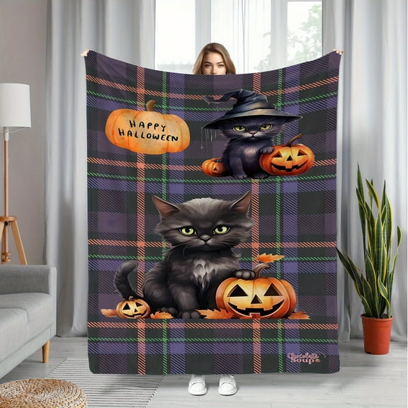Cozy Pumpkin Cat Plaid Flannel Throw Blanket - Lightweight, Soft & Warm for Couch, Bed, Travel, Camping, Office Chair - Digital Printed Comfort