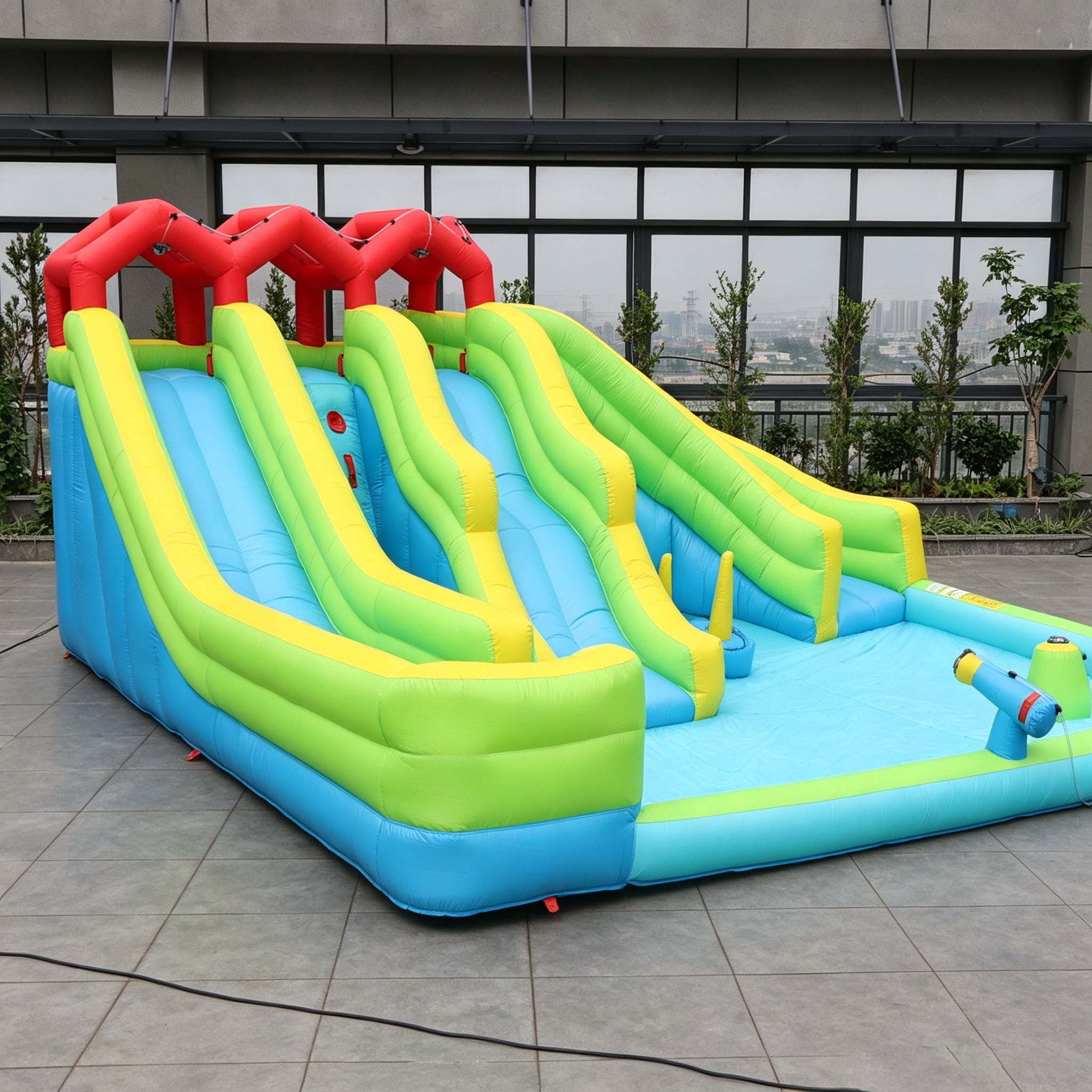 7 in1 Inflatable Water Park with 3 Slide and Blower, Water Gun Sprinkler Fountain Climbing Wall, Bouncy House for Children