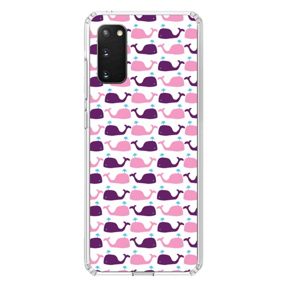 DistinctInk Clear Shockproof Hybrid Case for Galaxy S20 PLUS / 5G (6.7" Screen) - TPU Bumper, Acrylic Back, Tempered Glass Screen Protector - Purple Pink Cartoon Whales - Cartoon Whales