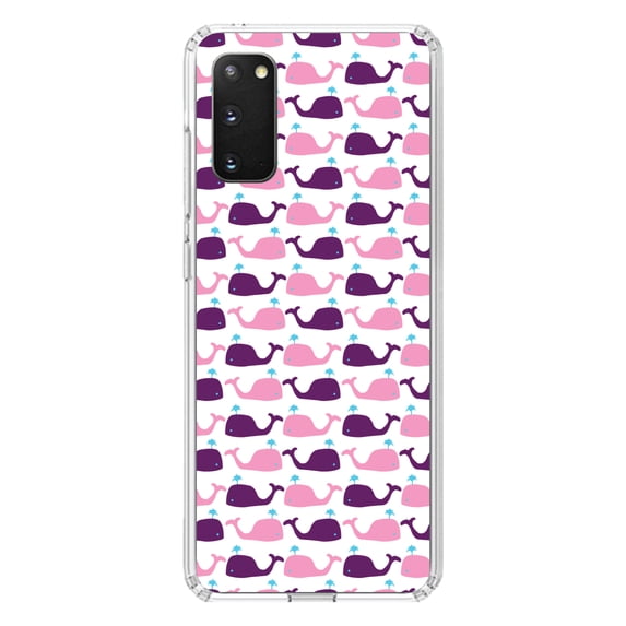 DistinctInk Clear Shockproof Hybrid Case for Galaxy S20 ULTRA / 5G (6.9" Screen) - TPU Bumper, Acrylic Back, Tempered Glass Screen Protector - Purple Pink Cartoon Whales - Cartoon Whales