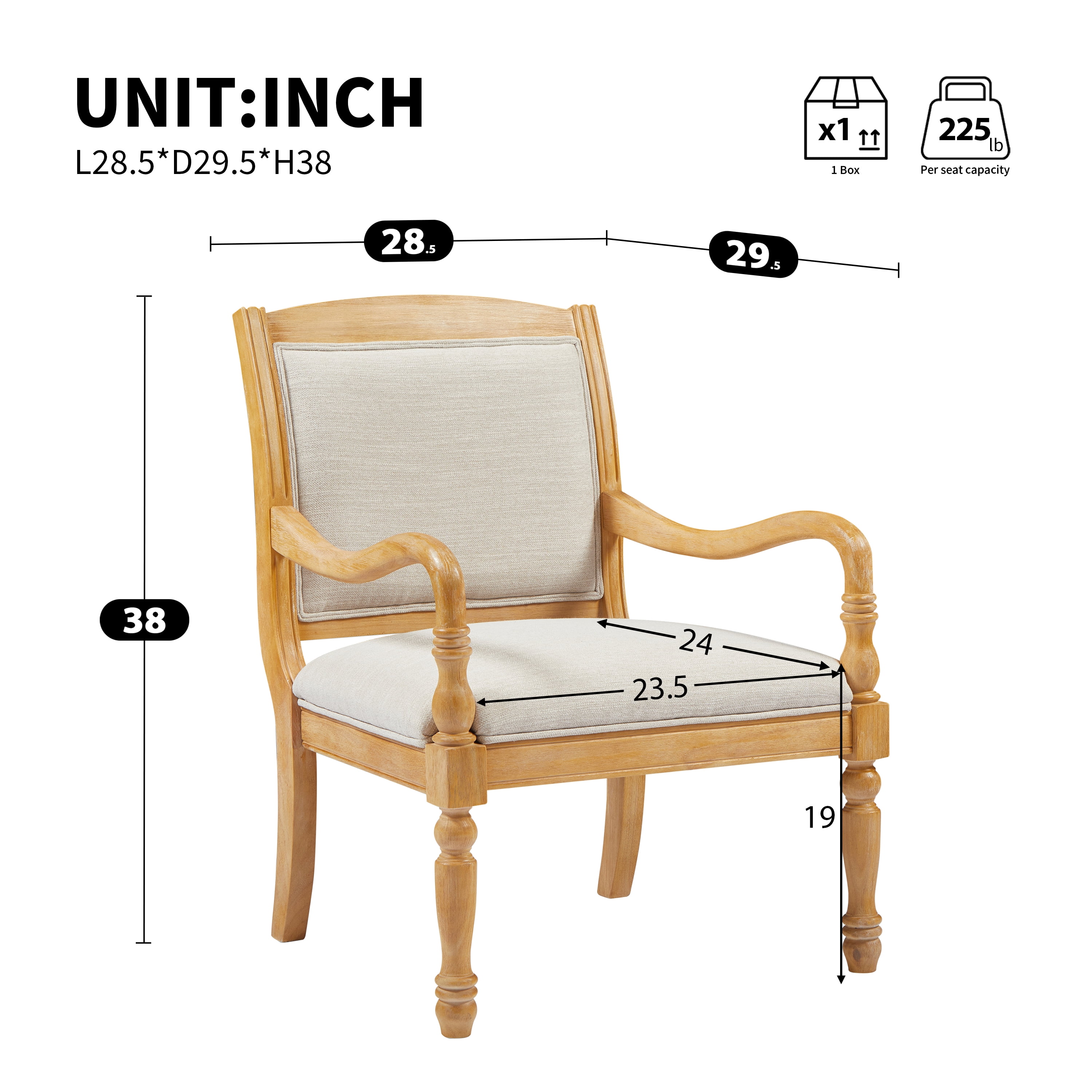 GARITIN Vintage Accent Chair 28.5 Inch, Upholstered Armchair with Solid Wood Frame and Spindle Legs for Living Room, Beige and Natural