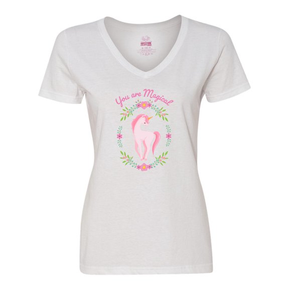 Inktastic You are Magical Pink and White Unicorn with Flowers Women's V-Neck T-Shirt
