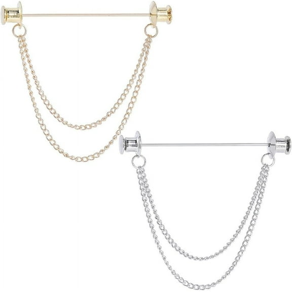 1 Box 2Pcs Men's and Women's Shirt Chain Collar Pins Gold Silver Metal Double Chain Lapel Pin Collar Bar Tassel Necktie Pins Clasp Stud Bar Clips Brooch Stick