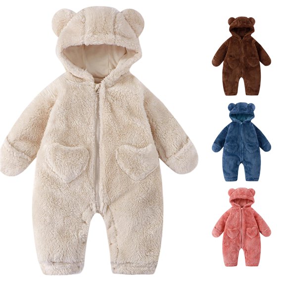AWZXDE Baby Boys Sleepsuit Winter Warm Hooded Bear Design Soft Cozy Pajama Set For Toddler Beige,3-6 Months