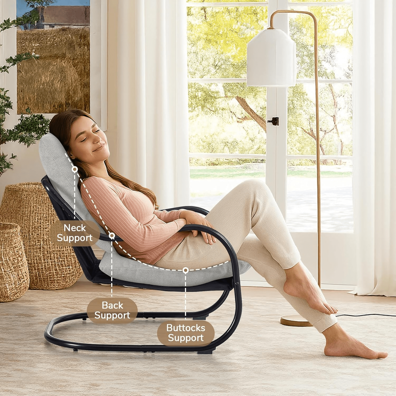 Gewnee Ergonomic Low Profile Accent Armchair, Heavy-Duty Metal Frame Upholstered Reading Side Chair, Space-Saving for Living Room Bedroom Office,Beige