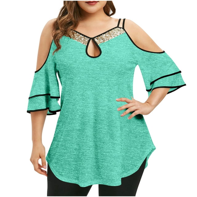 Timegard Plus Size Tops for Women Keyhole Neck Cold Shoulder Ruffle 1/2 Sleeve Comfy Tee Casual Tunic Tops