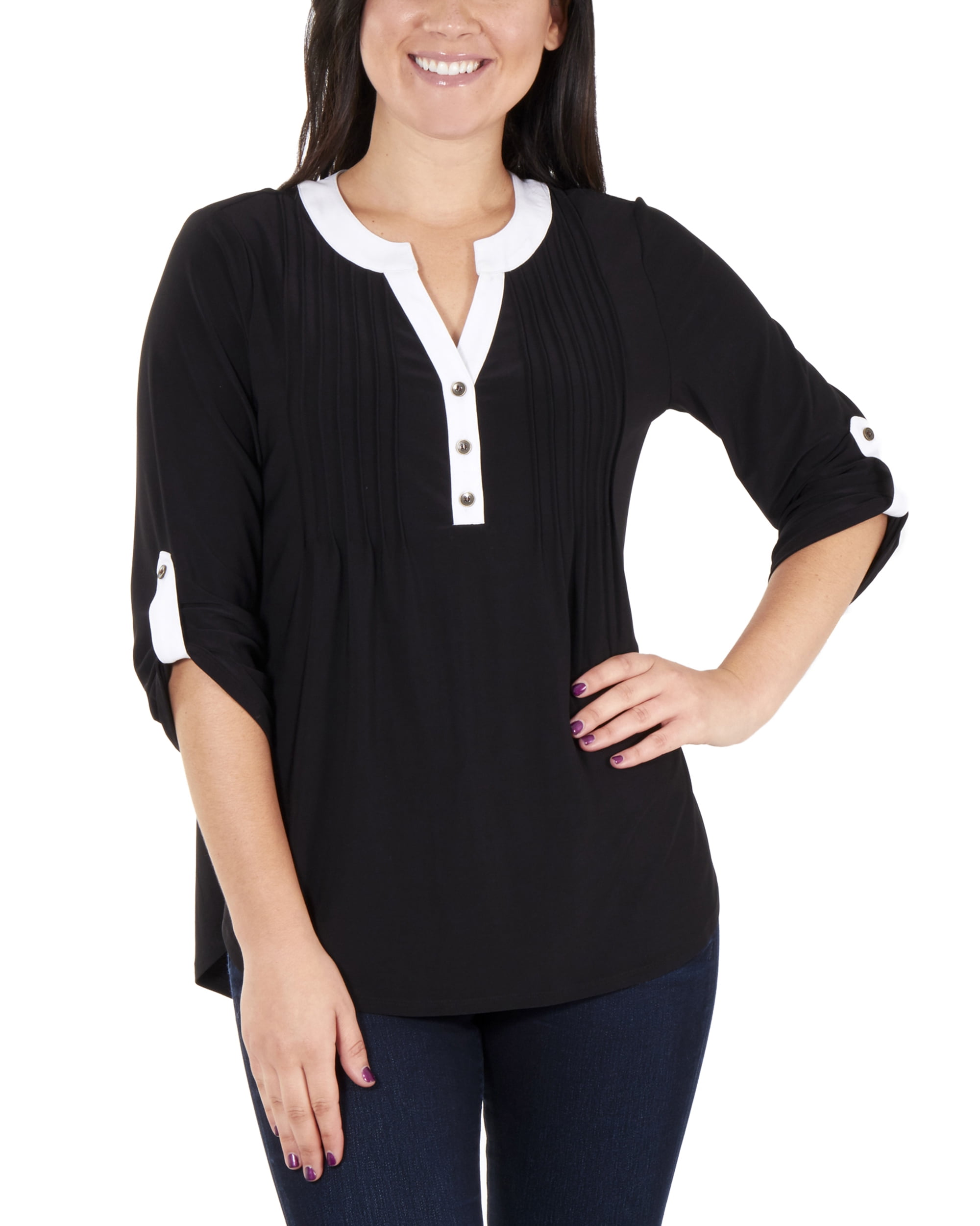 Women's Petite 3/4 Sleeve Y Neck Top