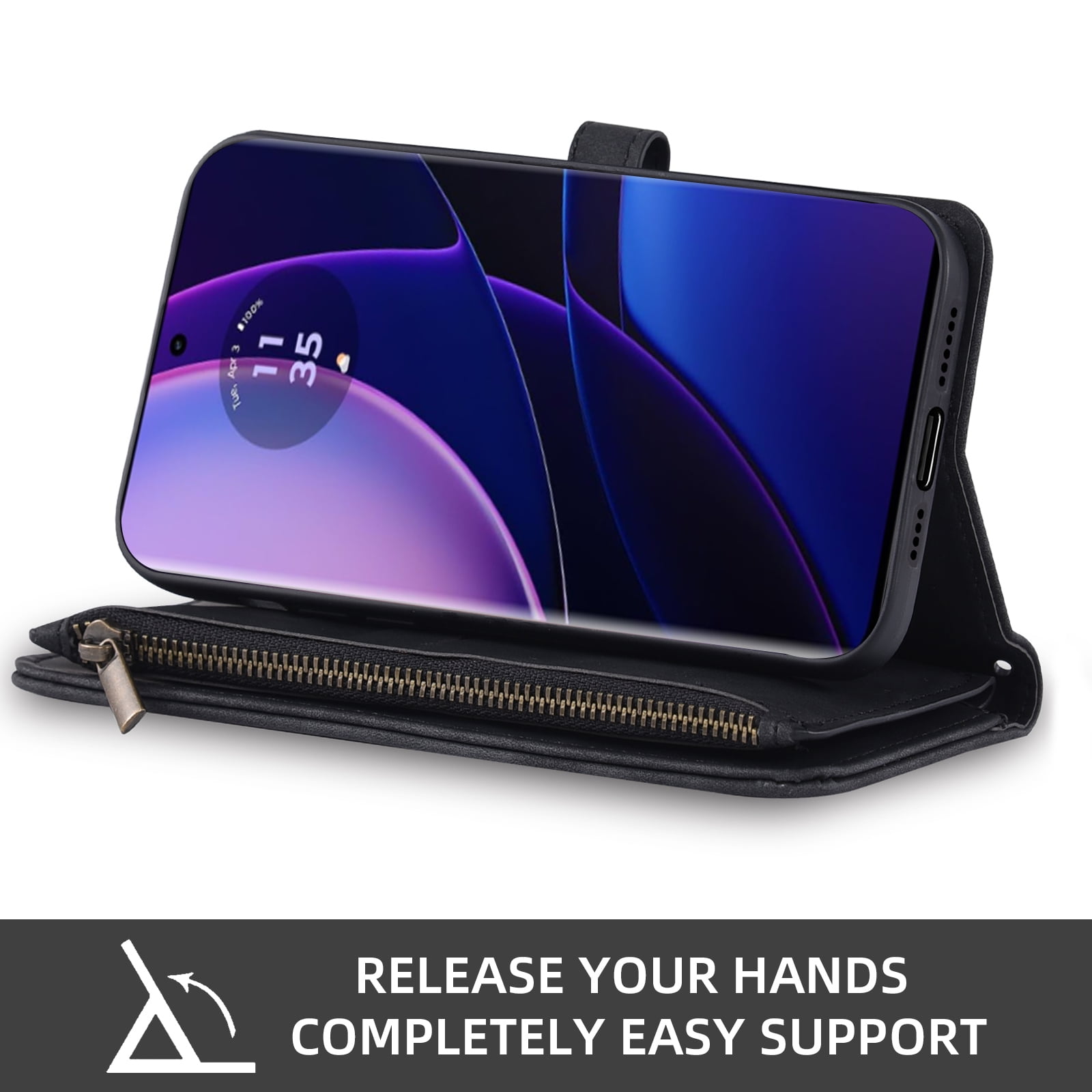 Asuwish Phone Case for Motorola Edge 2023/Edge 40 5G Wallet Cover With Tempered Glass Screen Protector Crossbody Wrist Strap Flip Pattern Zipper Credit Card Holder Cell Moto Edge2023 6.6 Women Black