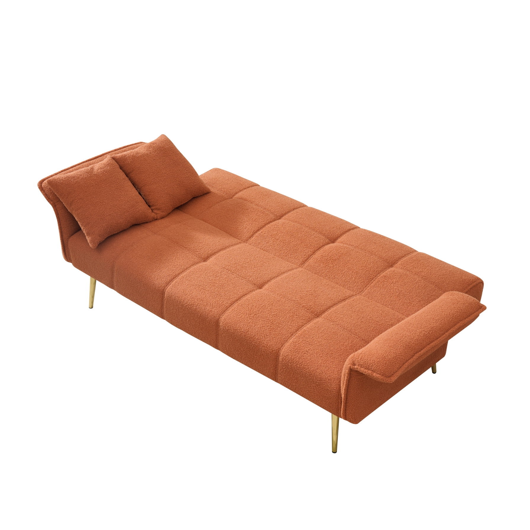 70" Teddy Velvet Futon Sofa Bed with Adjustable Arms and Backrest, Modern Convertible Futon Couch with Metal Legs & Pillows, Modern Loveseat for Living Room, Bedroom, Orange