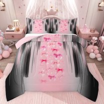 jejeloiu Kawaii Bowknot Bow Full Size Comforter Sets,Chic Ribbon Bowtie Bedding Comforter Set,Abstract Geometric Stripe Bedding Sets For Girl Breathable Home Decor Reversible,3pcs