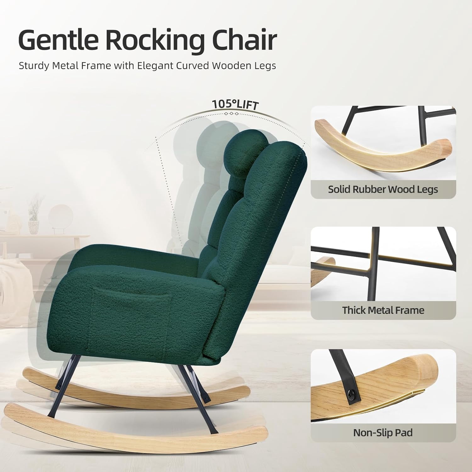 Nursery Rocking Chair, Teddy Upholstered Glider Rocking Chair with High Backrest, Armchair Reading Chair for Adults, Nursery, Bedroom, Living Room, Office, Beige Without Ottoman