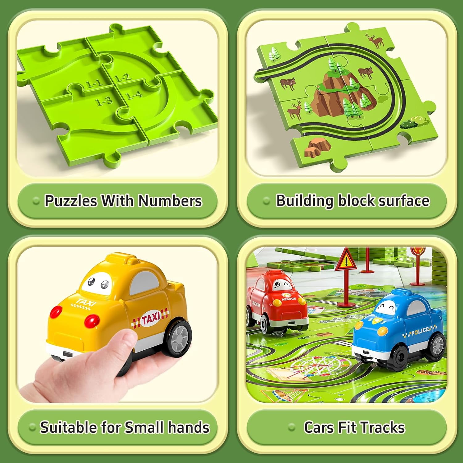 ConeWhale Puzzle Race Track Car Set City-Themed 64 Pieces with 3 Sliding Toy Cars for Ages 3+