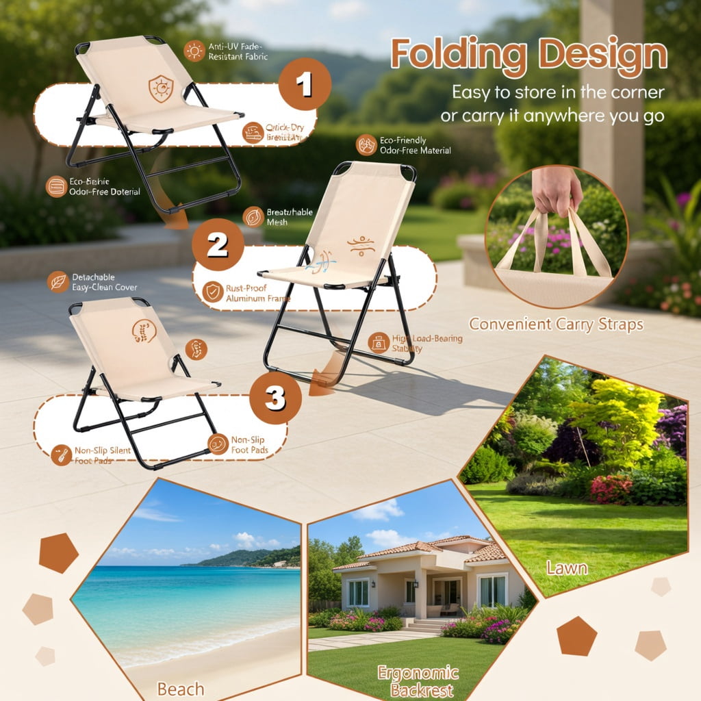 Hommoo Portable Folding Face-Down Tanning Chair with Adjustable Backrest, 3 Removable Pillows & Face Hole, Beige