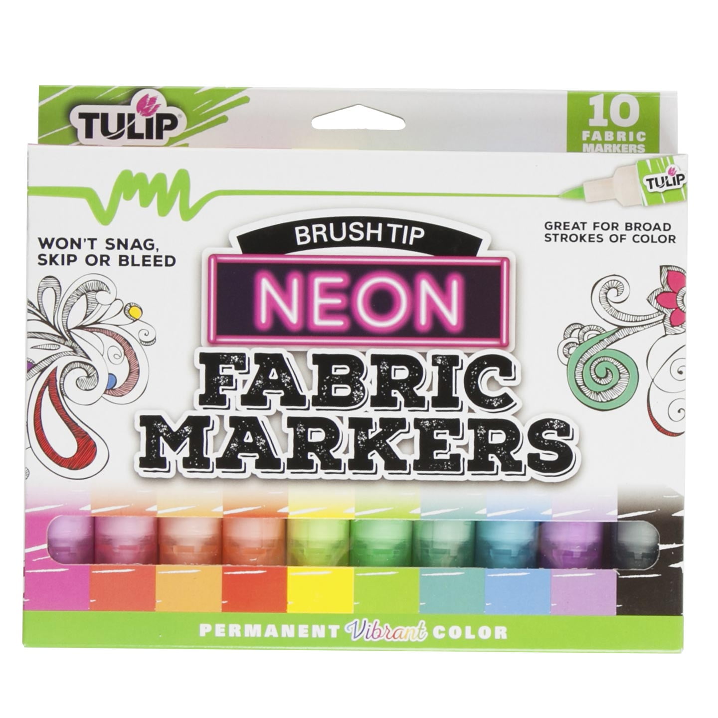 Tulip Fabric Markers Brush Tip 10 Pack Neon, Permanent, Great for Broad Strokes