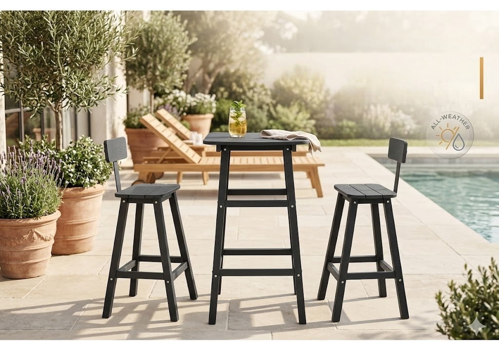 3 Piece Outdoor Bar Set Patio HDPE Dining Set with Square High-Top Table Footrest & Backrest