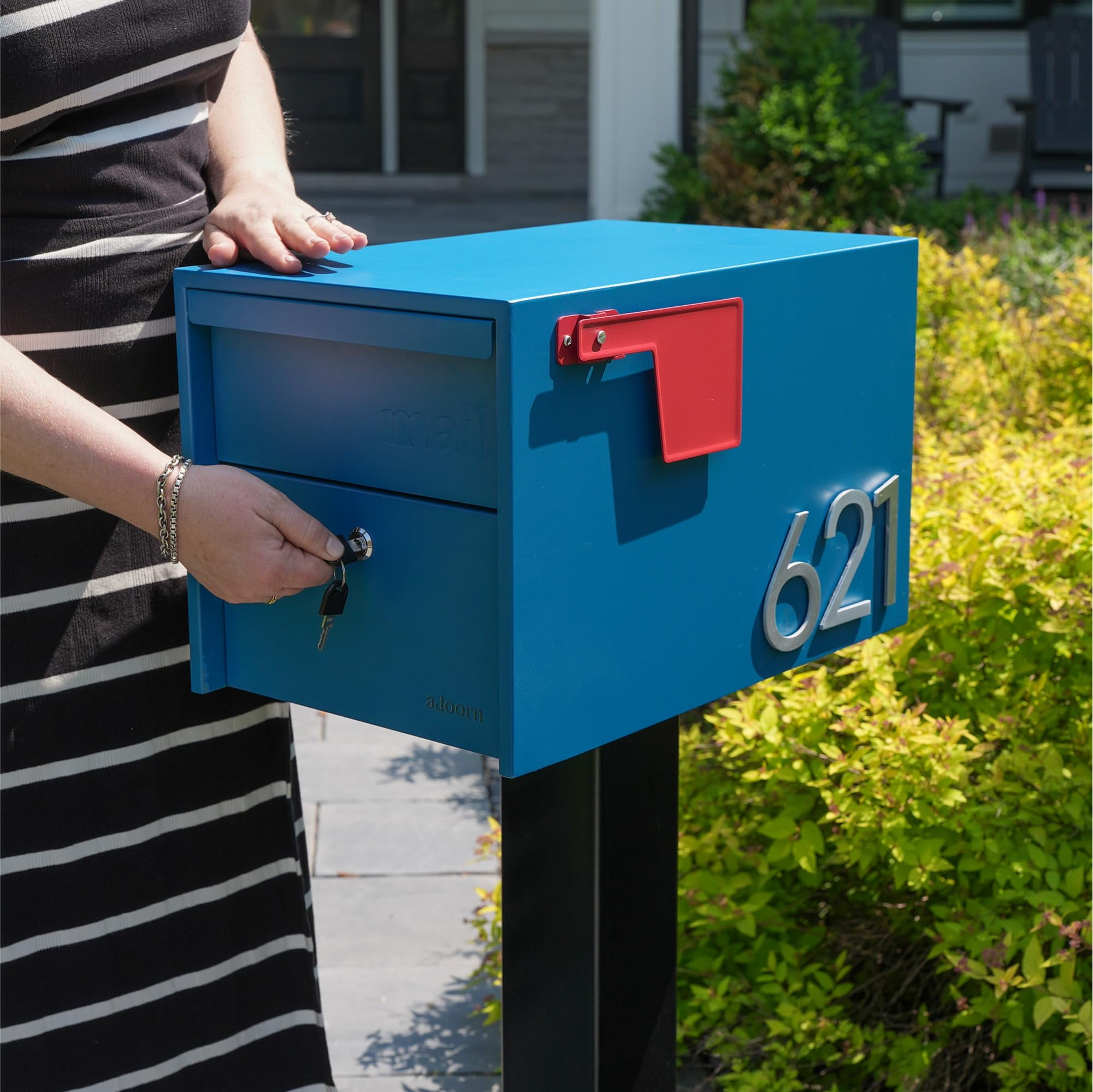 Adoorn Lockable Post Mount Mailbox | Small (Malbec), Size 12 x 12 x 18.5 (HxWxD) Anti-Theft Locking Mailbox with 2 Keys, Modern Mailbox with Flag, Weatherproof Mailboxes for Outside