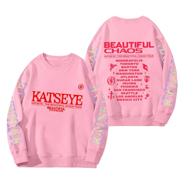 KATSEYE le Beau CHAOS TOUR Chandail en Molleton Col Rond Chandail avec KATSEYE Manches Longues Imprimé et Graphique de Villes de Tournée Haut Décontracté Unisexe, Chandail en Molleton Cadeaux pour Œil (TG, Rose)