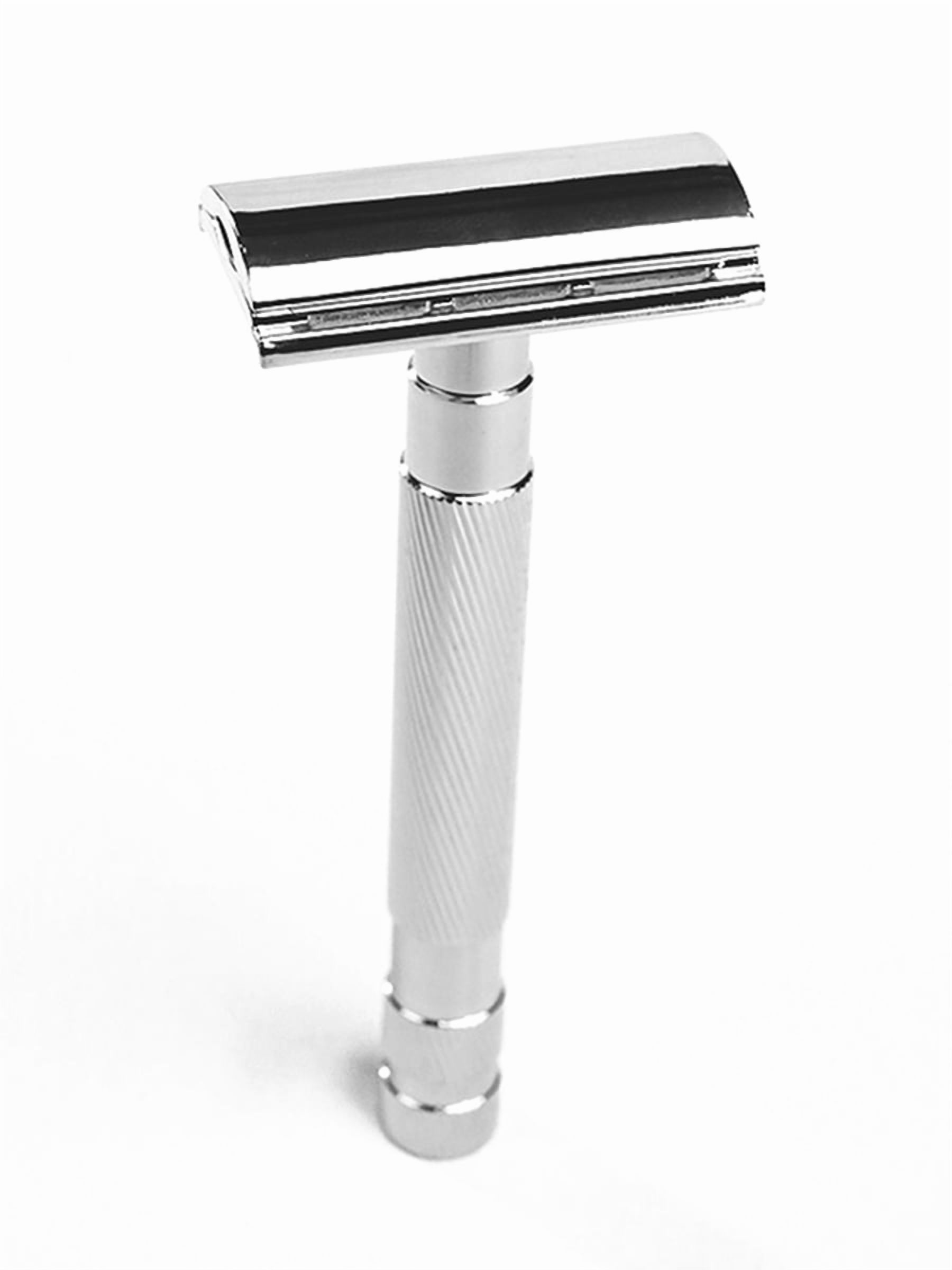 Waysh Classic Double Edge Safety Razor Gift Set for Men with Knurled Non-Slip Handle, Includes Stand & 20 Blades, Chrome Silver