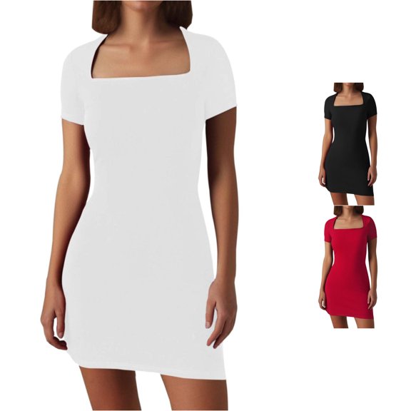 Solid Color Tight Square Collar Short Sleeve A Word Solid Color Dress Woman Juniors Summer Dresses