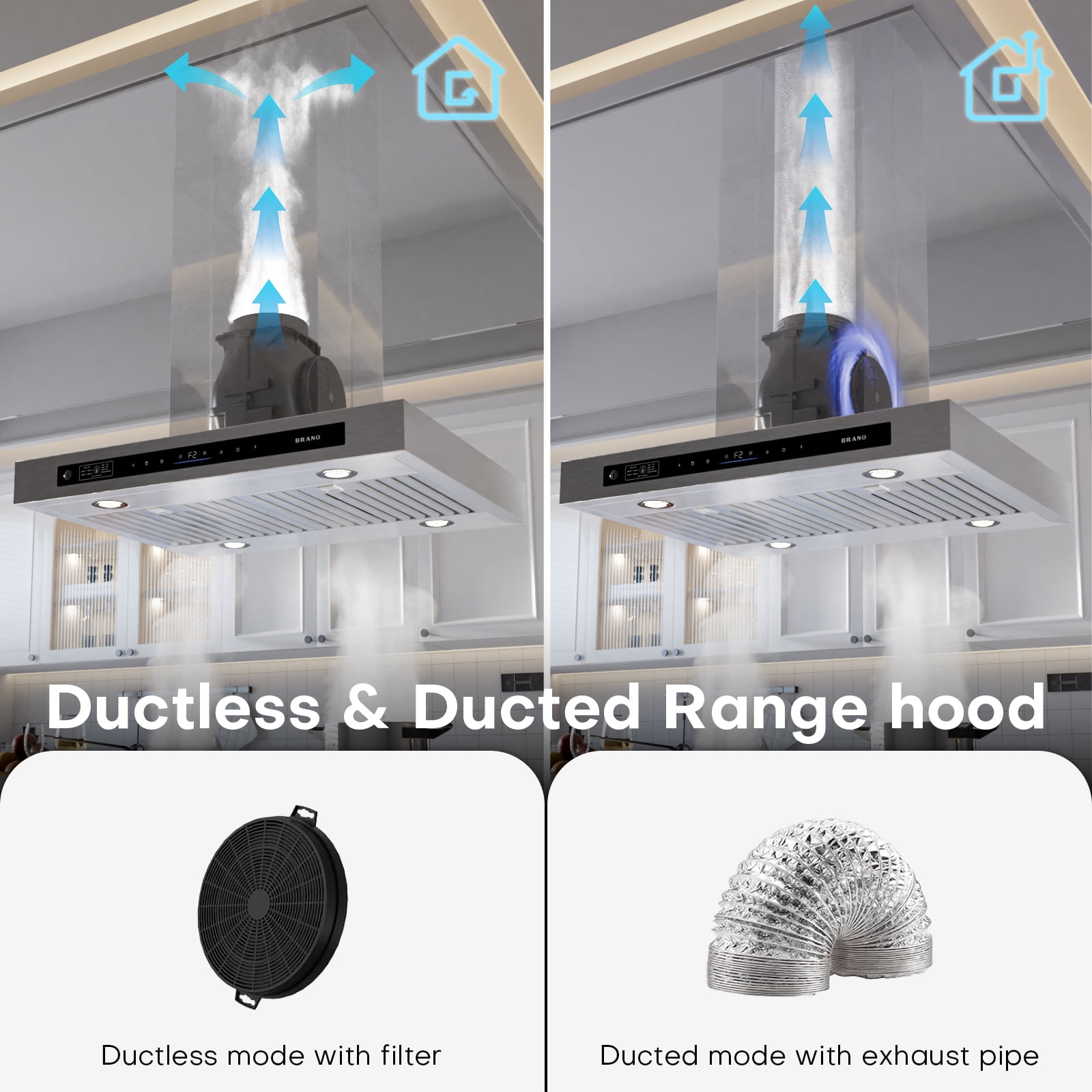 BRANO 36-inch Professional Island Range Hood, Ducted/Ductless, 900 CFM High Power, Smart Voice/Gesture Control