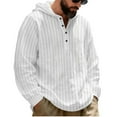 thumbnail image 3 of OGLCCG Men's Linen Stripe Hooded Shirts V Neck Half Button Down Long Sleeve Drawstring Blouses Oversized Casual Loose Fit Pullover Tops,XXXL,White, 3 of 6