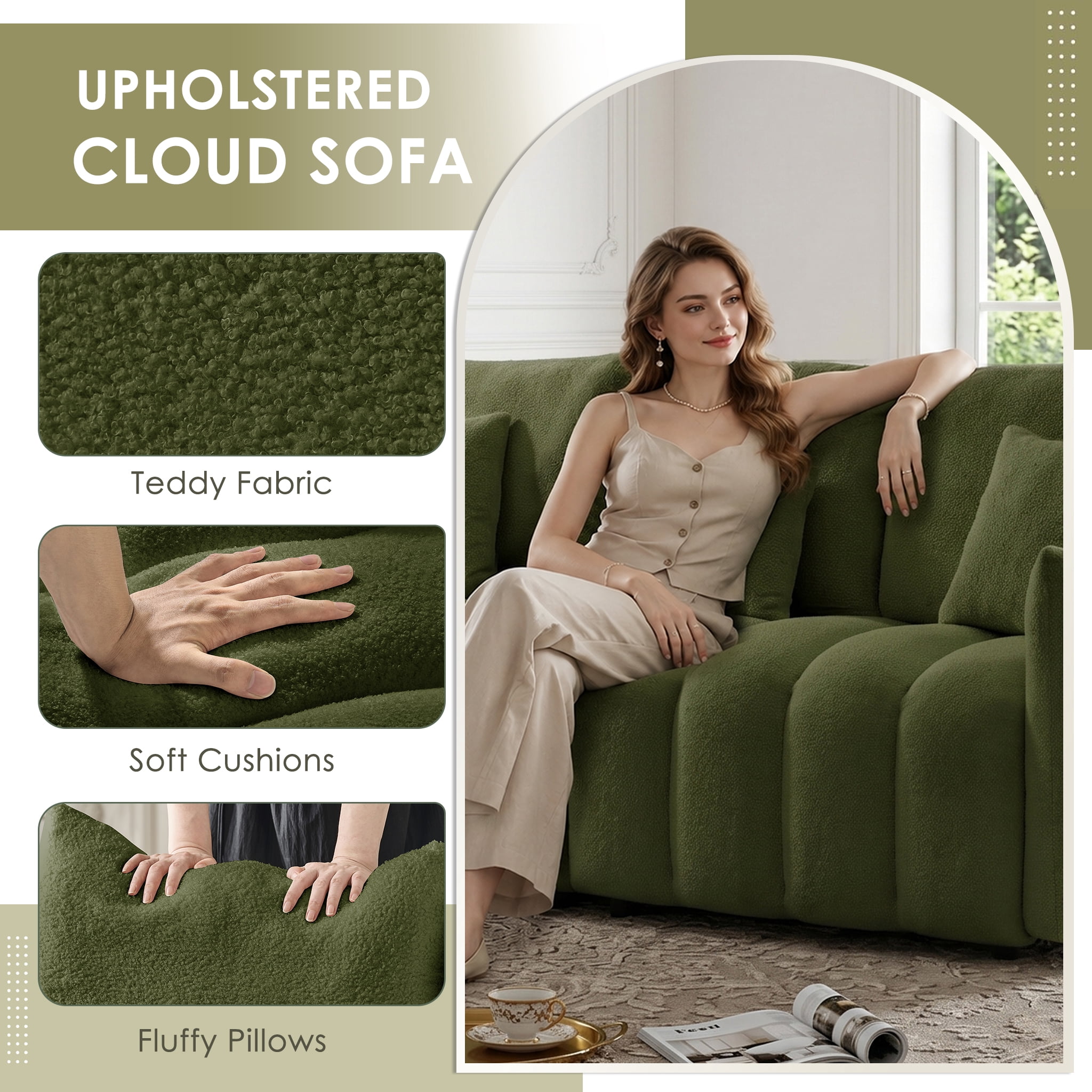 AISWORD Modern Sofa Couch, Comfy Deep Seat Teddy Cloud Sofa, Upholstered 3-Seater Boucle Couch with Pillows, Green