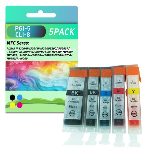 PGI-5 CLI-8 Ink Cartridges 5-Pack (PGI-5 BK CLI-8 BK/C/M/Y) PGI-5 CLI-8 Ink Replacement for canon PIXMA IP4200 IP4300 IP4500 IP5200 IP5200R IP6600D IP5300 MP500 MP530 MP600 printer