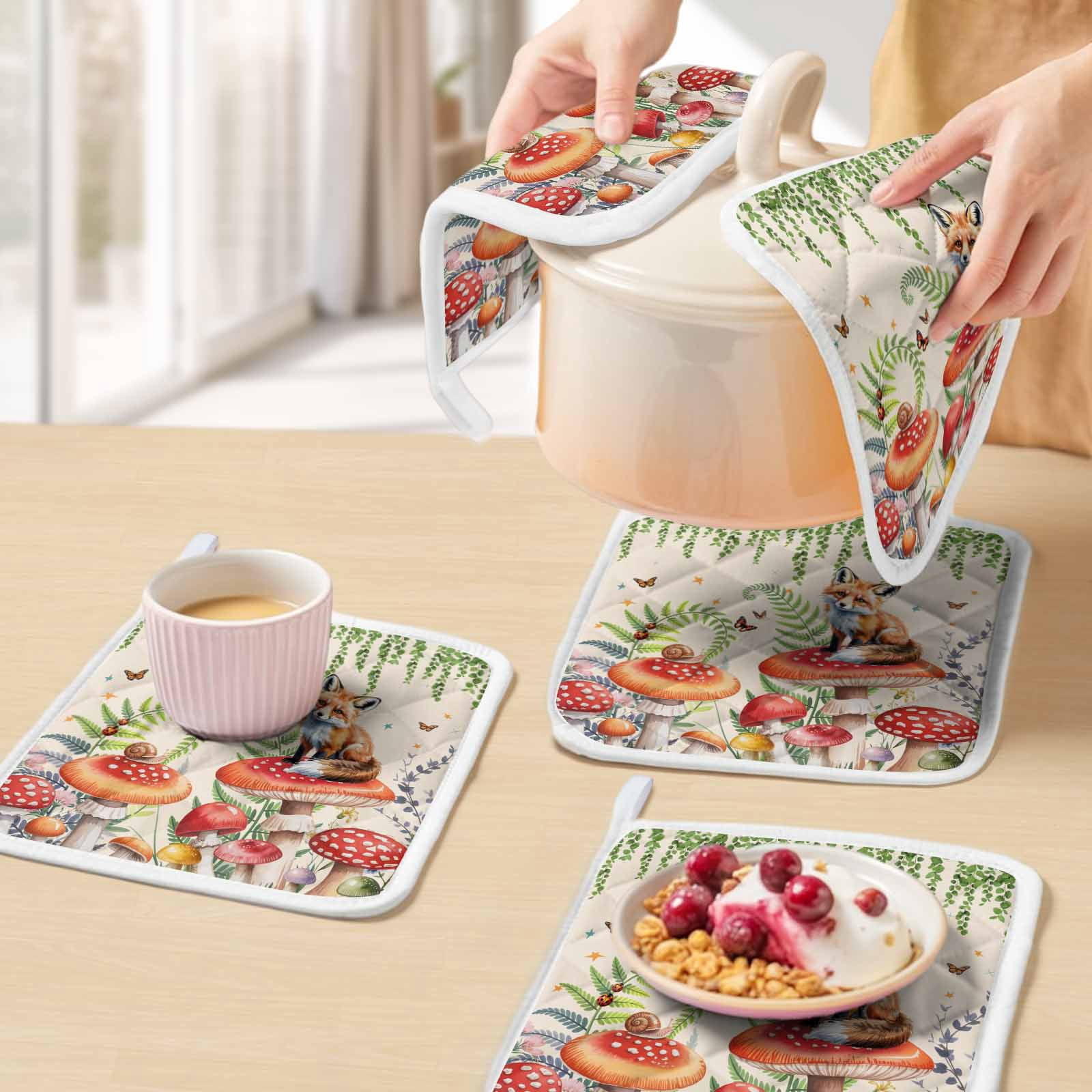 Mushroom Fox Pot Holders for Kitchen Heatproof Potholder, 5 Pack Green Leaf Butterfly Red Retro Plant Hot Pads Multipurpose Oven Pads Cloth Potholders Trivet for Cooking Baking