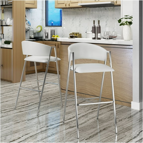 JERFIT Modern Bar Stools Set of 2, Ivory PU Leather Counter Height Stools with Low Back, Arms and Footrest for Kitchen Island, Home Bar