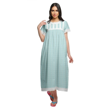 

Moomaya Printed Sleepwear Cotton Ruffled Border Womens Maxi Nightdress
