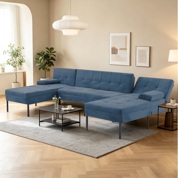 BSHTI 107.09" Chenille U Shape Sofa Bed with Adjustable Backrest, Soft 4 Seater Couch for Living Room(Dark Blue)