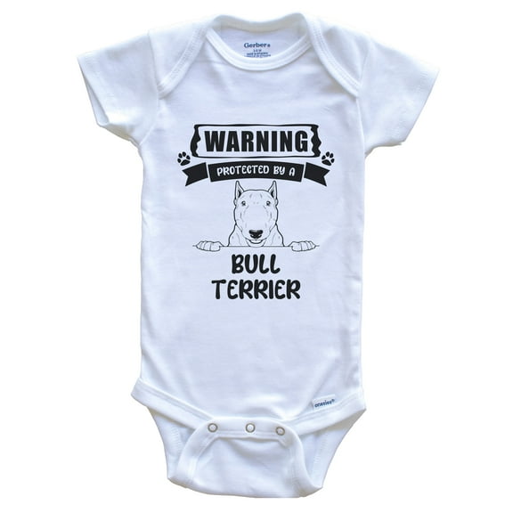 Warning Protected by a Bull Terrier Funny Cute Dog Breed Baby Bodysuit, 0-3 months white
