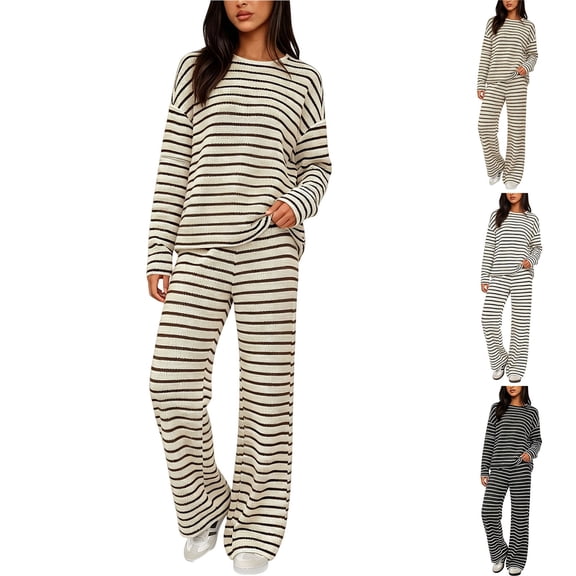 Aimik Lounge Sets for Women Striped Long Sleeve Crewneck Top and Wide Leg Long Pants Set Fall Winter Casual Womens Striped Set