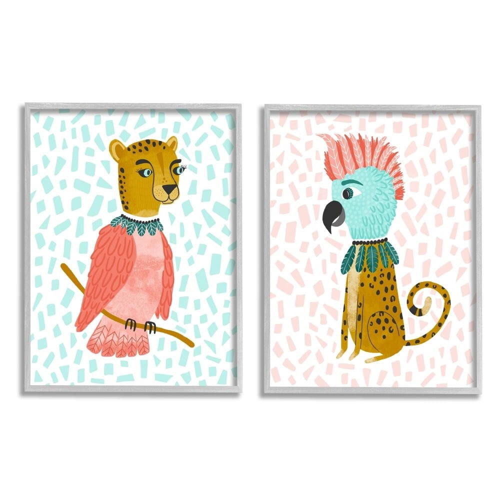 Stupell Industries Cheetah Bird Playful Animal Pastel Mix Up Framed Wall Art Design by Molly Fabiano, 2 Piece, 16" x 20", Black Framed