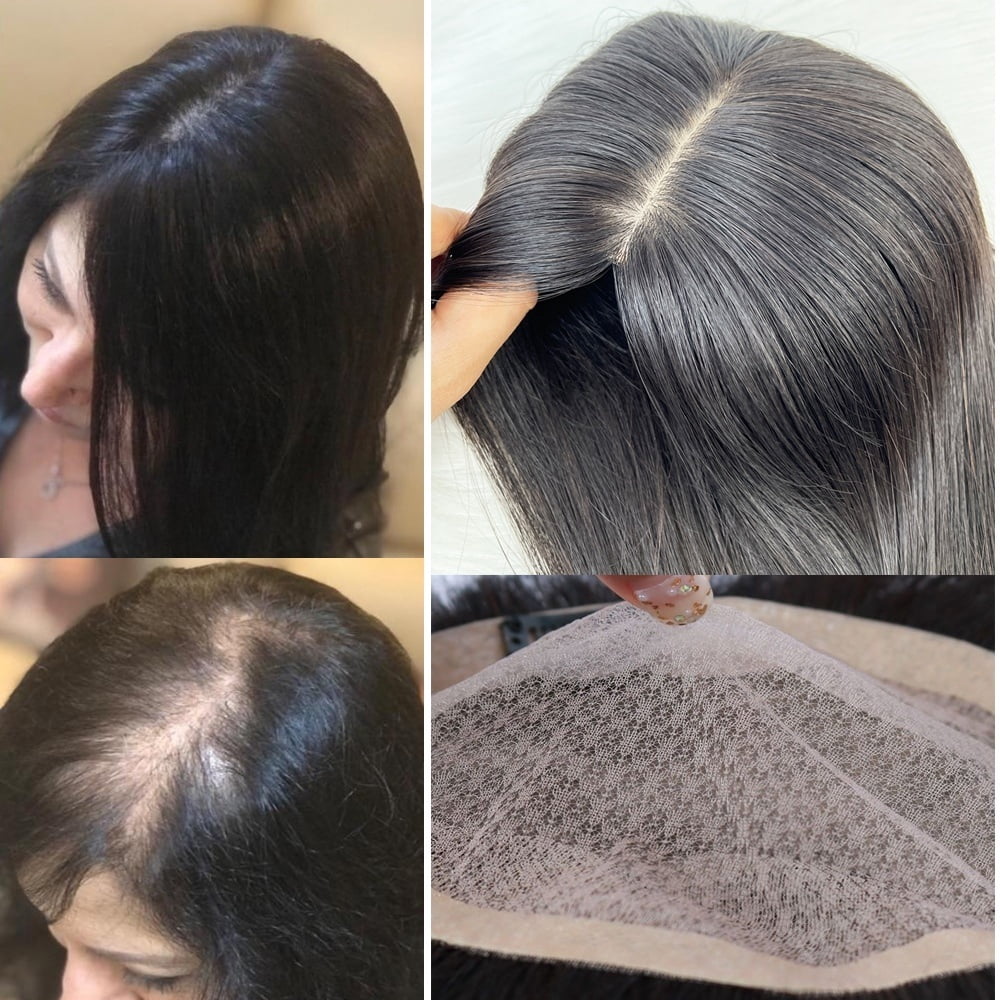 Hair Toppers for Women, Real Human Hair 15×17cm Silk Base Clip in Hair Pieces Natural Black Center Part Straight Hair Pieces for Thin Hair Daily Use
