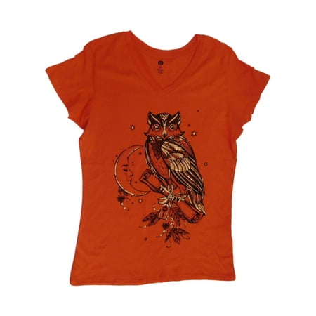 Womens Orange & Gold Shimmer Owl Shirt Stars & Moon Halloween Tee
