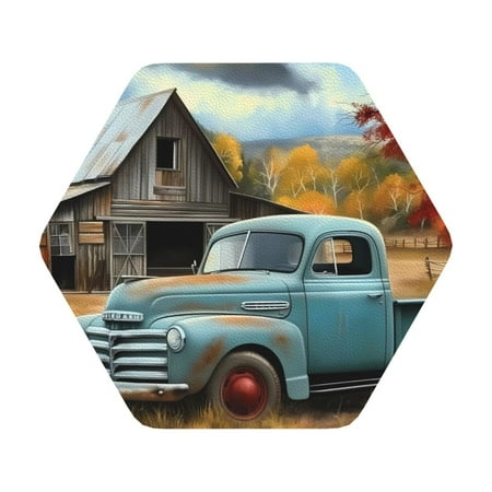 

Pofeuu Vintage Truck Farm Scene Print Leather Coasters Set of 6 Round Cups Mugs Mat Pad for Home Kitchen Heat Resistant Drink Coasters Hexagon