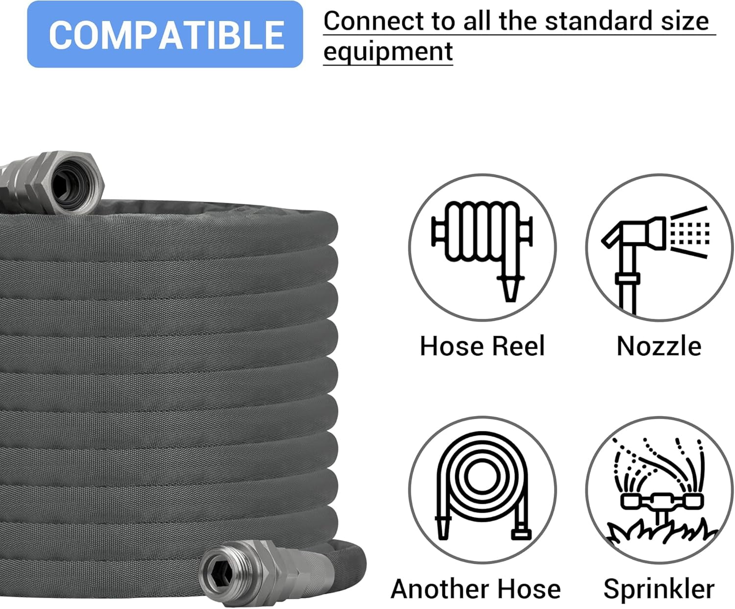 Flexible Garden Hose with 3/4" Swivel Metal Fittings, 1/2" Diameter, Leak-Proof, Kink-, Lightweight for Outdoor Use (25FT)