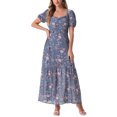 thumbnail image 2 of INSPIRE CHIC Women's Floral Patterned Smocked Square Neck Ruffle Swing Beach Boho Maxi Dress L Grey Blue, 2 of 6