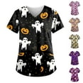 thumbnail image 2 of Halloween Print Scrub Tops for Women Breathable Pumpkin Cat Bat Pattern V-Neck T-Shirts Tee Tops with Pockets, 2 of 5