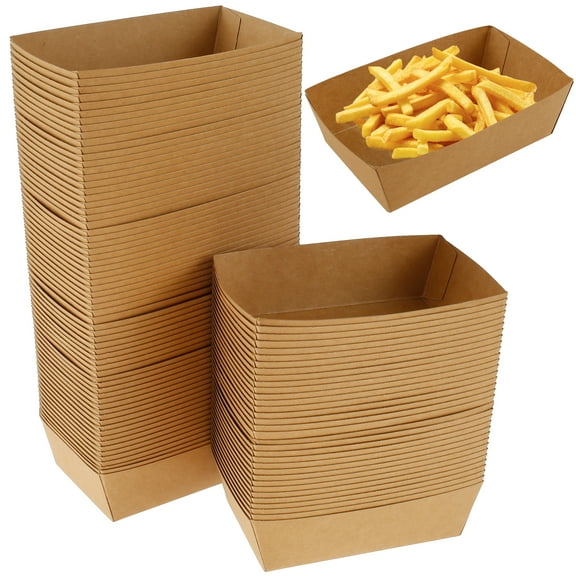 BUTORY 100Pcs Brown Paper Food Boxes Oil Proof Paper Food Boat Recyclable Paper Food Tray Boat Shape Take Out Food Trays Paper Food Box for Chips Burger Party Picnic Camping 13x8x4 cm