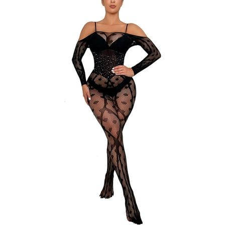 

Women Rhinestone Fishnet Diamonds Bodycon Suit Full Body Stocking Bodystocking Lingerie Elegant Nightwear Chemise Nightie