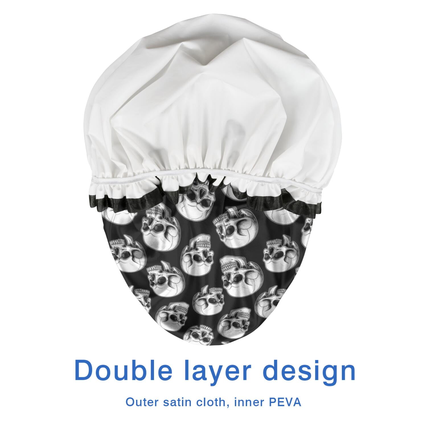 Shower Caps,Black White Skull Pattern Waterproof Shower Cap for Women 4 Pieces,Double Reusable Hair Cover for Shower PEVA Elastic Stretch Hem
