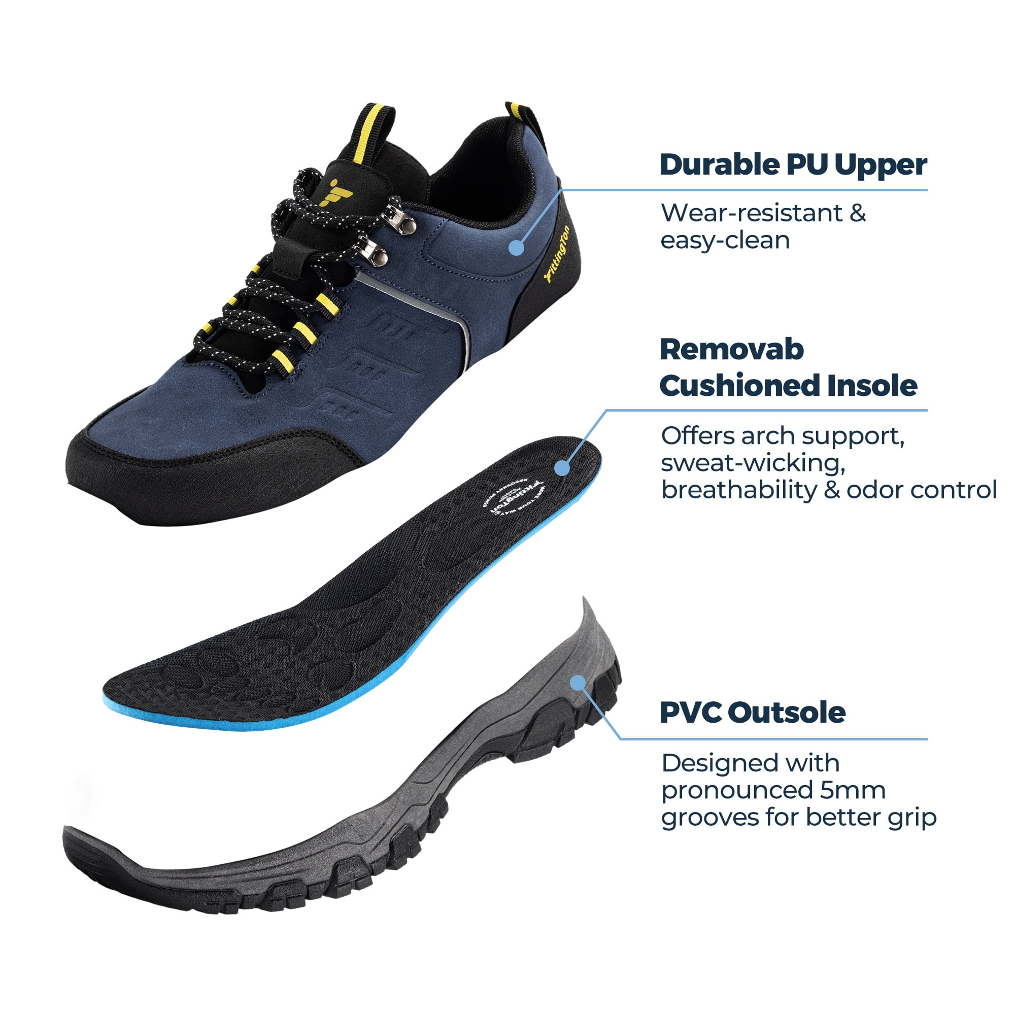 Fittington Men's Hiking Shoes Trekking Trails Outdoor Sneakers Walking Shoes with Arch Support, Reflective Safety Feature