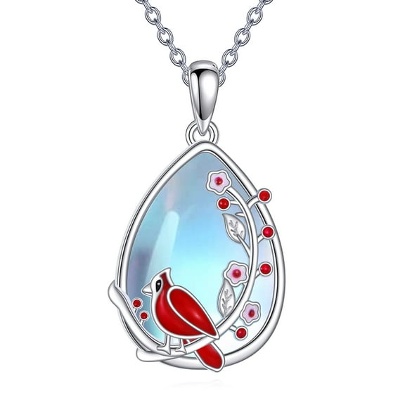 Red Cardinal Necklace Sterling Silver Moonstone Pendant Bird Jewelry Gifts for Women Men